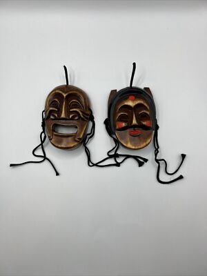 Korean Traditional Hahoe Folk Art Hand Carved Wooden Face Mask  Wall Decor Pair 