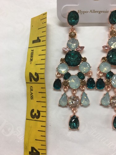 Charming Charlie Crown Jewels Rhinestone Green Chandelier Earrings Rose Gold