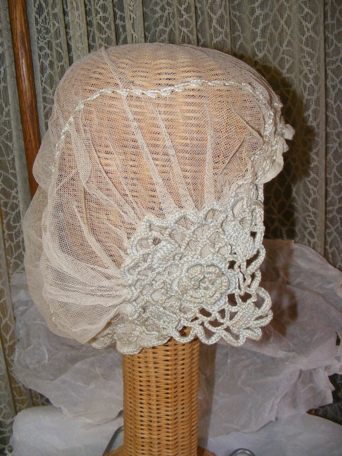 1920S FLAPPER BOUDOIR CAP SLEEPING HAT NET LACE HAT VINTAGE FLAPPER FASHIONS M