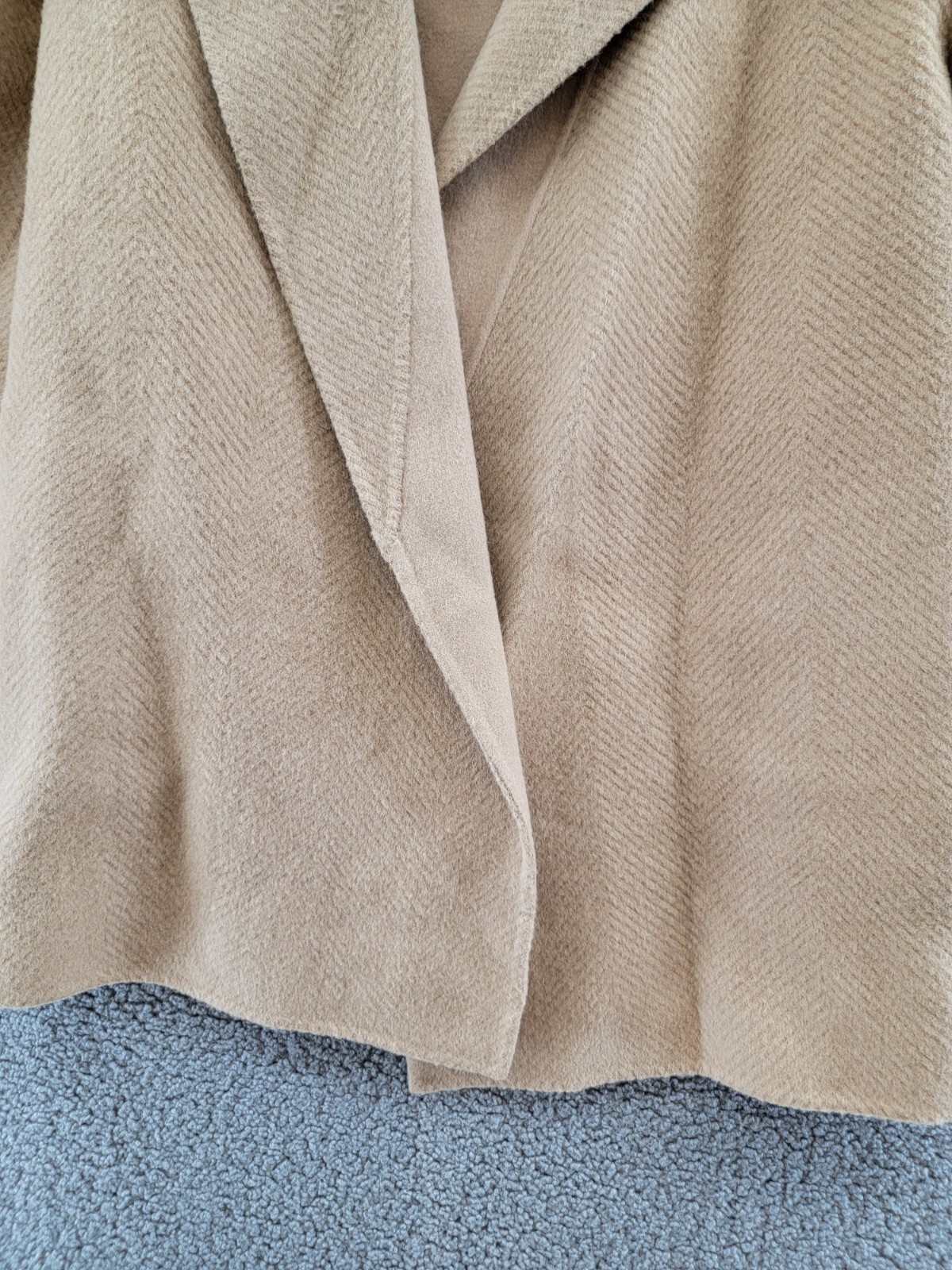 Pre-owned Theory Clairene Chevron Wool Coat Women's L Palomino Open Front Long Sleeve