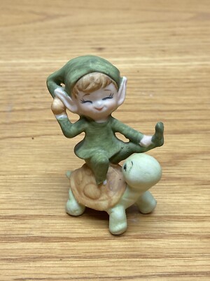 Vintage Figurine Pixie Elf Riding On A Turtle Lefton ? Handpainted