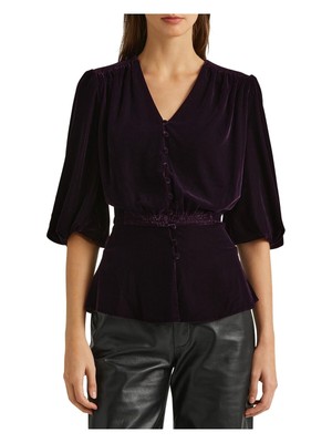 

Женский черный свитер в рубчик с длинным рукавом и V-образным вырезом RALPH LAUREN