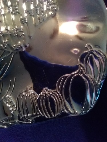 Large Silver Metal THANKSGIVING TURKEY Serving Tray Embossed Pumpkins