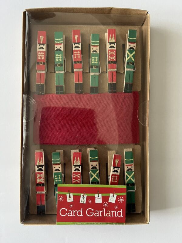 12 Wooden Nutcracker Christmas Card Garland with 6 ft. Red Ribbon New in Box