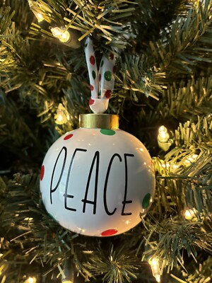 Ceramic Christmas Ornament -PEACE-with Red And Green Polka Dots Farmhouse  Style