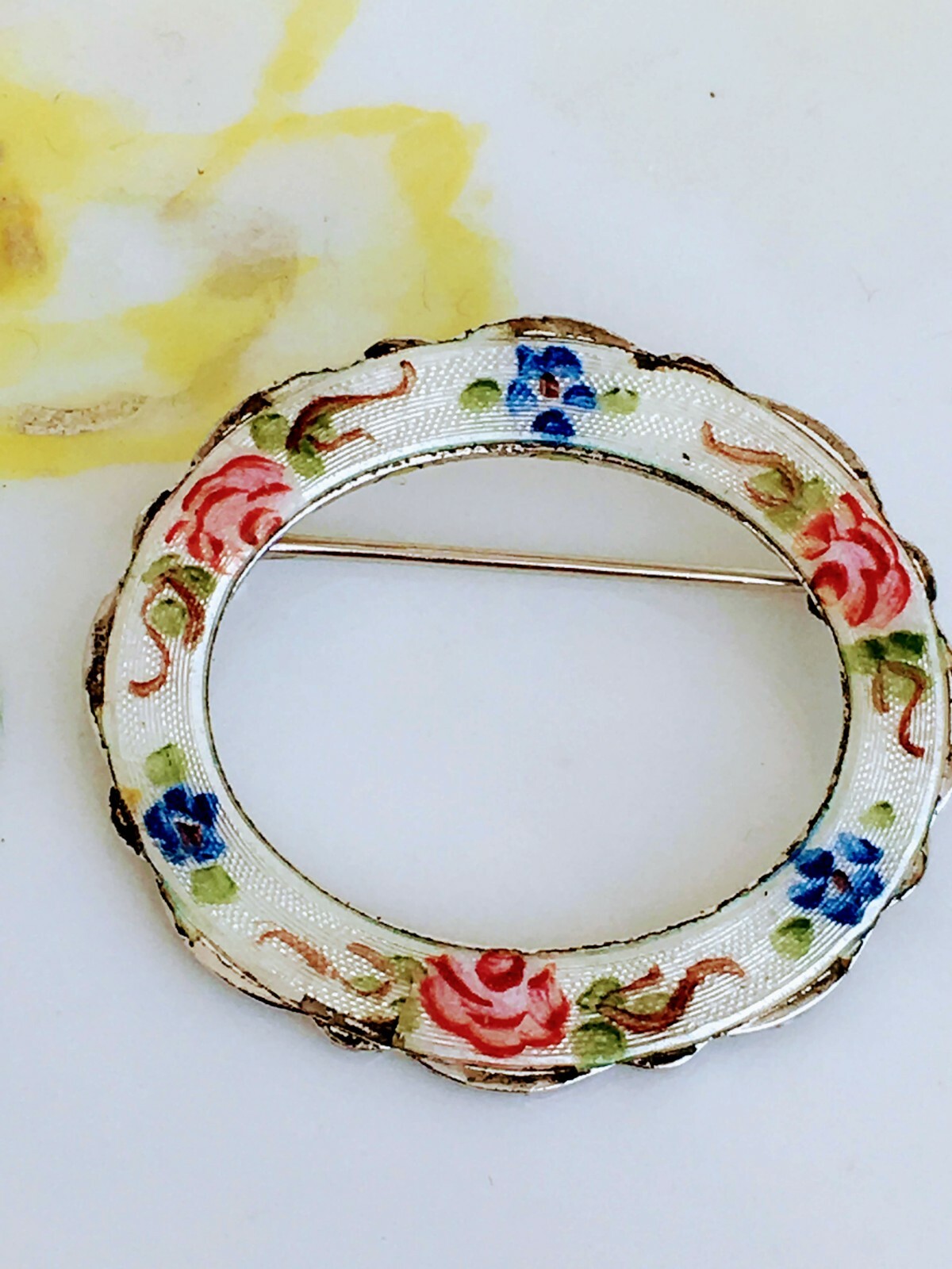 Vintage Lamode Sterling Guilloche Enamel Rose Flowers Floral Pin Brooch