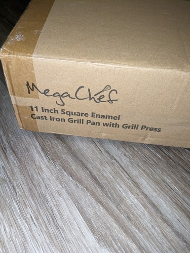 MegaChef 11 Inch Square Enamel Cast Iron Grill Pan w/ Matching Grill Press Red