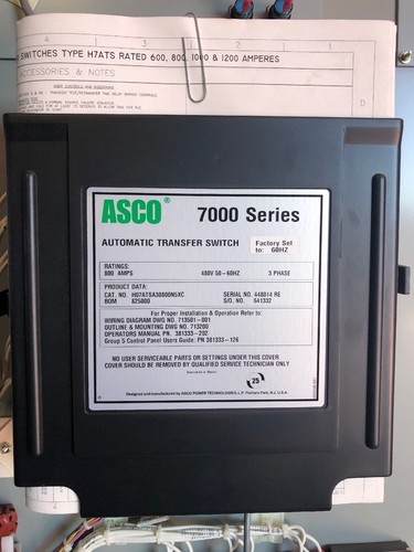 ASCO Automatic Transfer Switch 800 Amp 480 Volt 3 Phase Nema 1 H07ATSA30800N5XC
