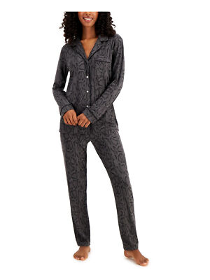 ALFANI Womens Gray Long Sleeve Button Up Top Straight leg Pants Pajamas S