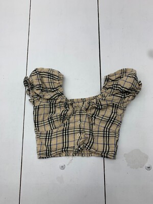 Toyoung Womens Brown Plaid Cropped Short Sleeve Shirt Size Small