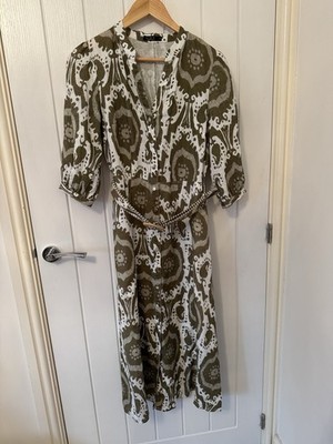 G.D.S by Helenam Size XS Midi Green Cream Abstract Floral Belted Shirt Dress 