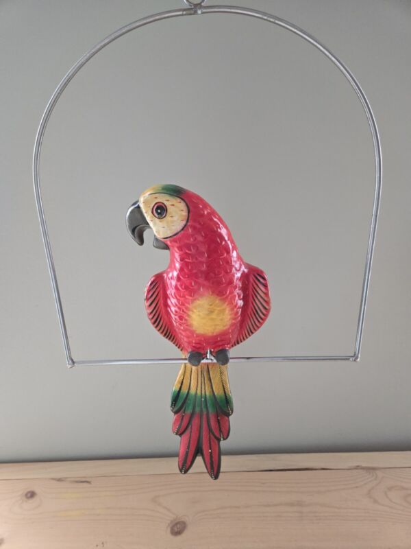 Vintage Handpainted Ceramic Hanging Parrot Macaw On Perch 14" Bird 