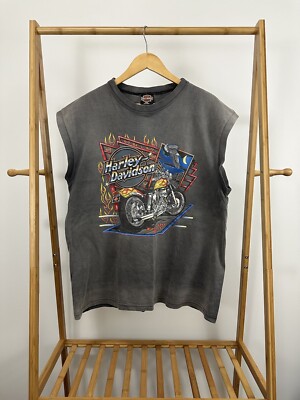 VTG 90s Harley-Davidson Fire Flame Gradient Sun Faded Sleeveless T-Shirt XXL