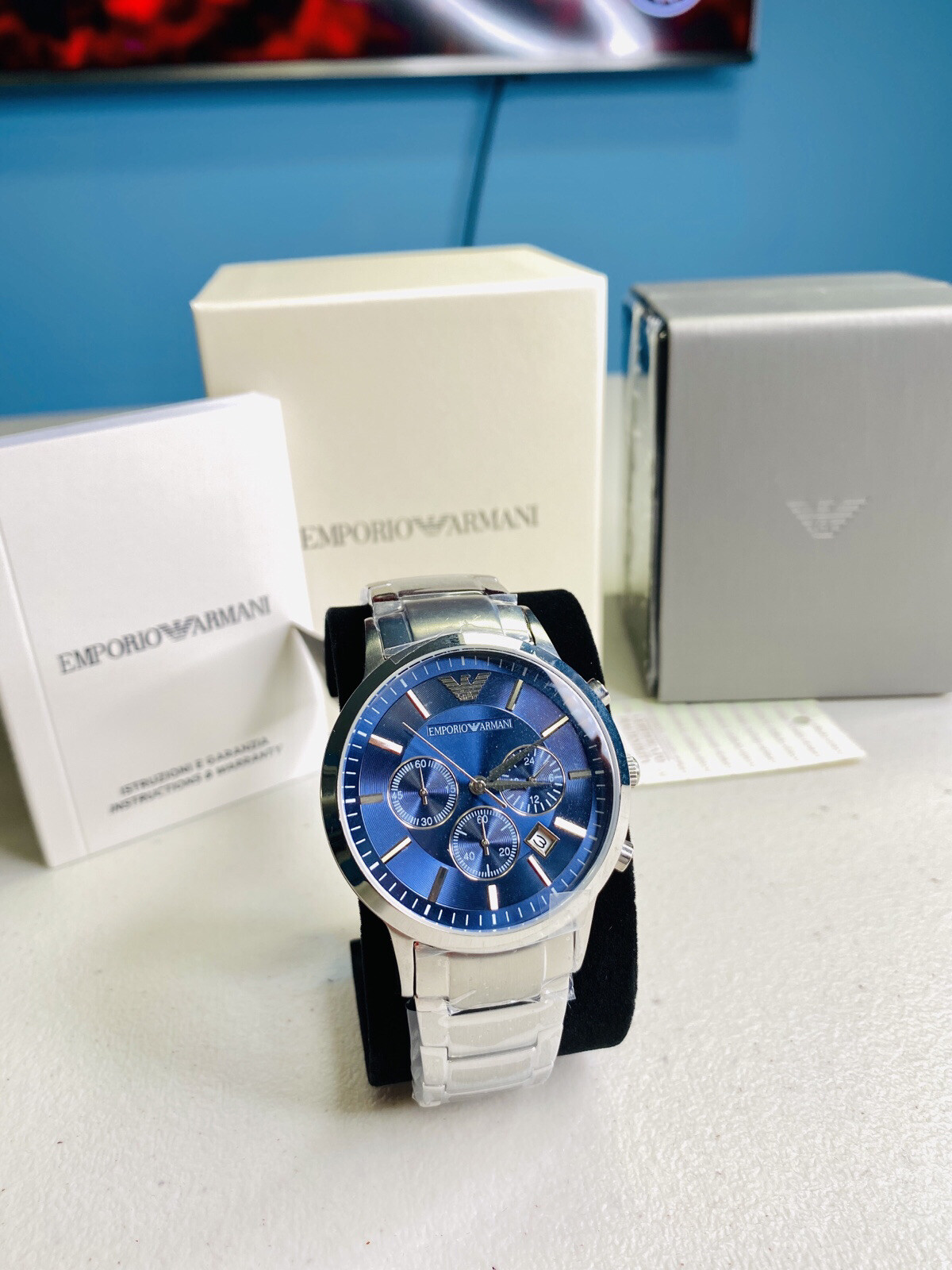 men's blue dial stainless steel chronograph emporio armani watch ar2448