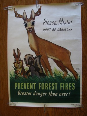 Large Paper 1944 War Time Smokey Bear Fire Prevention Poster