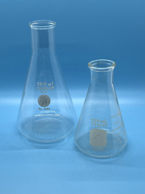 Lot of 2 Pyrex Filter Flasks. 2 sizes: 250 ml, 500 ml. No. 4980.