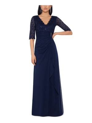 B&A  BY BETSY & ADAM Womens Navy Waterfall Ruffle V-back Formal Dress 8