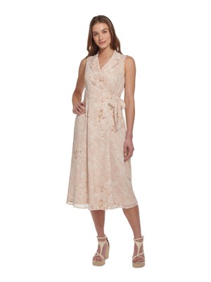 DKNY Womens Beige Lined Tie-waist Sleeveless Midi Faux Wrap Dress 10