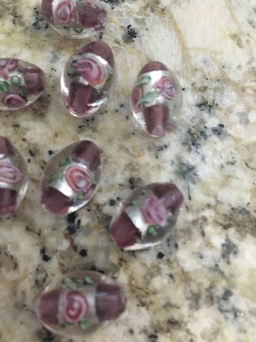 LAMPWORK Glass BEADS Purple with Pink Flower, Oval EASTER EGG 16mm, 10 pieces