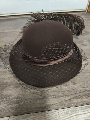 Vintage 60s Designer Brown Wool Netted Veil Ostrich Feather Hat NEW