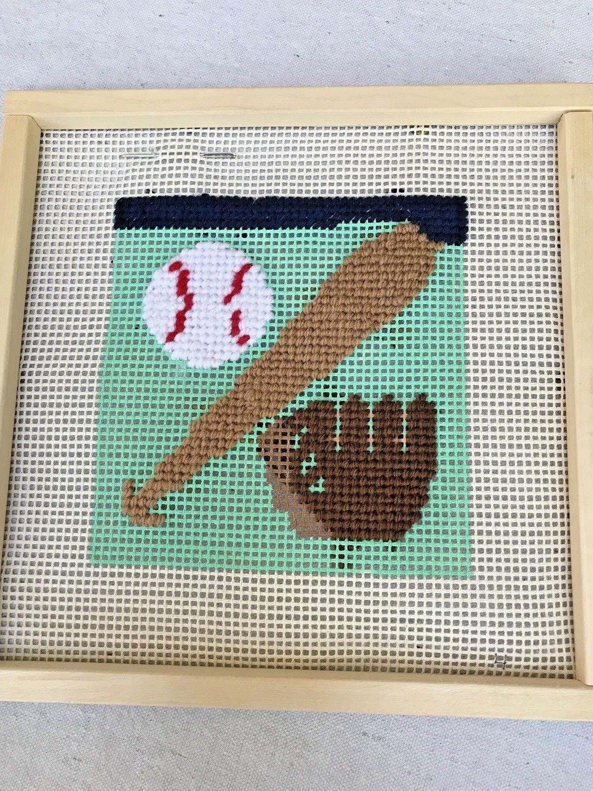 Part Completed Kid's Needlepoint Kit Baseball Theme with Canvas-Yarn-Directions