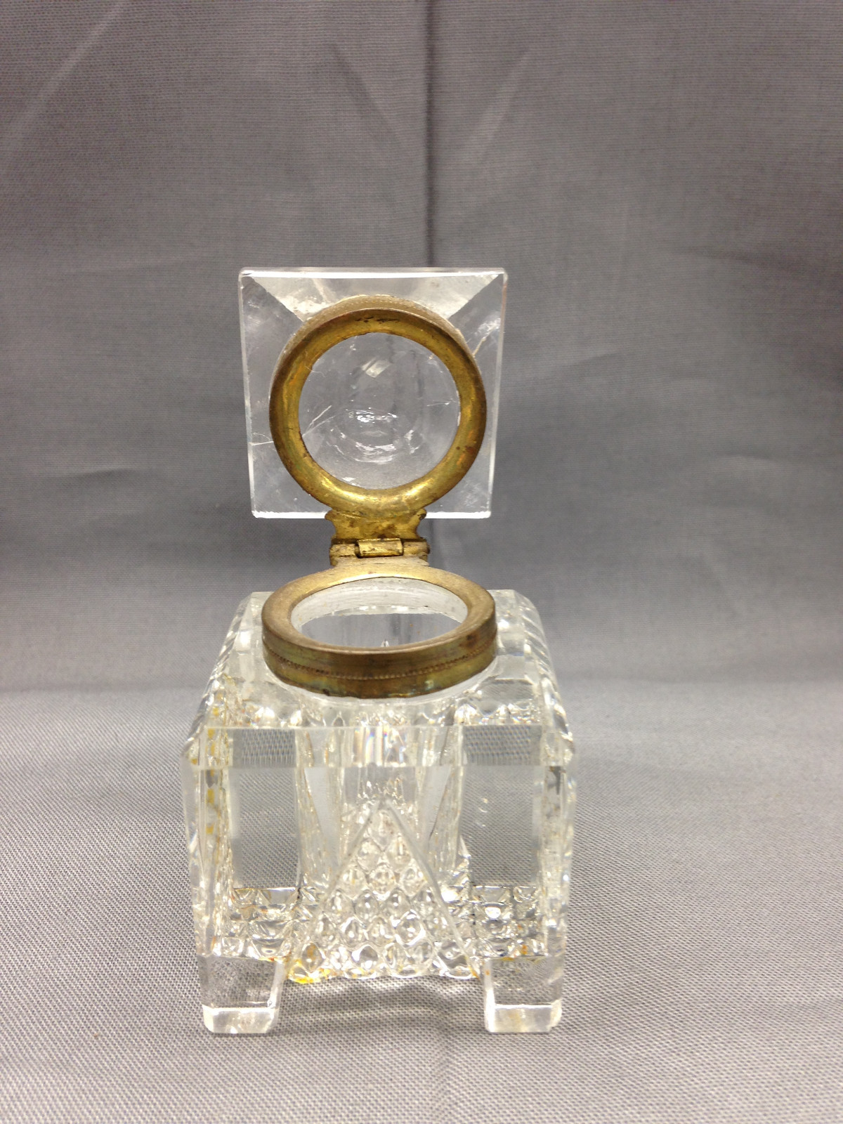 Cut Glass & Brass Ink Well Pyramid Hinged Lid Square Base Four Footed Vintage