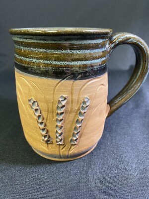 STEVE ASHLEY Studio Ceramic Pottery Wheat Stoneware Brown Blue Mug Tea SIGNED