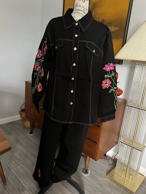 Bob Makie 1X Black Jean Flower Embroidered Pants and Jacket set New with tags
