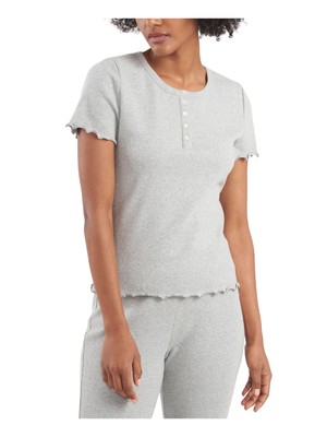 

RILEY-RAE Женский серый эластичный топ Henley с короткими рукавами и круглым вырезом на пуговицах