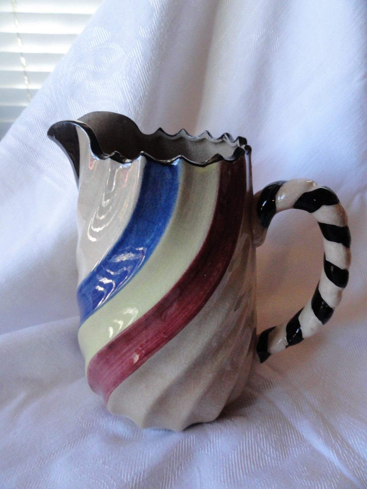 Antique Rare Revelation Stripped Pitcher Made in Japan Scalloped Rim Cream Blue