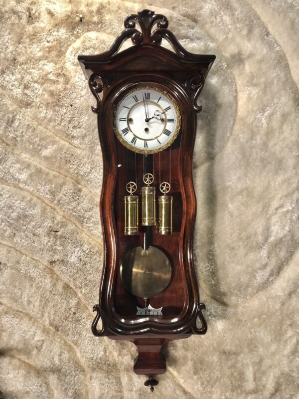 ANTIQUE GERMANY VIENNA STRIKE CLOCK,3 WEIGHTS DRIVEN, CARVED WALNUT CASE.AS IS.