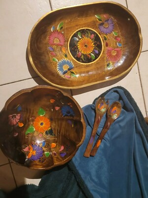  Wooden Salad Bowl & Tray Set Handpainted W Tossers Folk Art Tiki Bar Boho