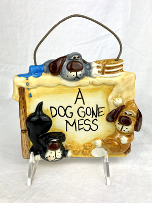 VTG RUSS BERRIE CERAMIC WALL HANGING PLAQUE 'DOG GONE MESS' MINT IN BOX PUPPY