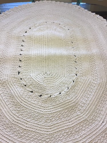 Vintage Crocheted Rug White Clean Very Heavy Handmade Quality 48” X 35”