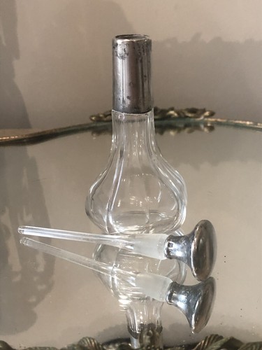 Antique English Sterling Silver & Glass Perfume Bottle With Dauber