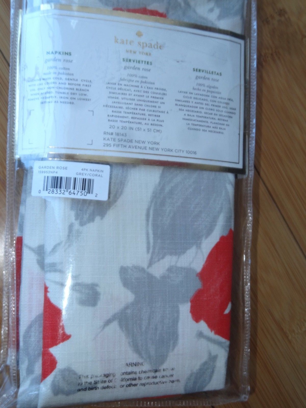 NEW Kate Spade Napkins Garden Rose Gray Coral Set/4  20 x 20