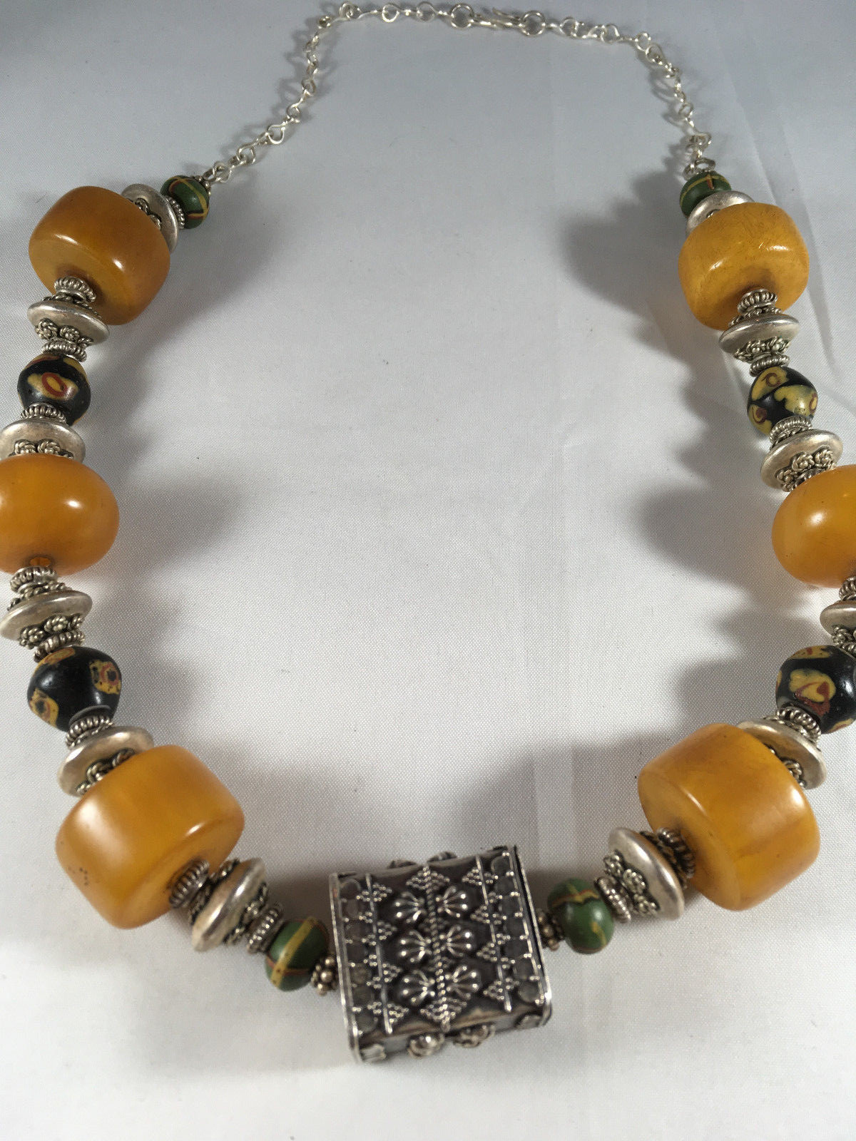 Vintage African Trade Bead Necklace with Amber and Sterling silver
