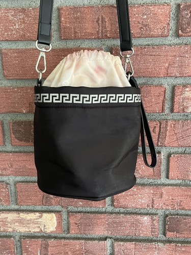 Versace Parfums Small Crossbody Drawstring Bag Black Ivory Lining Adjustable