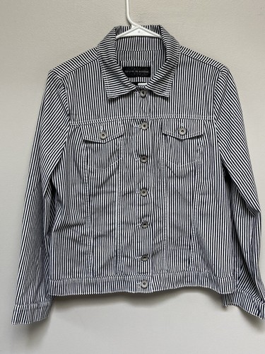 Live A Little Womens Stripe Trucker Jacket Navy Medium Back Live A Little Womens Stripe Trucker Jacket Navy Medium Back
