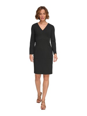 DKNY Womens Black Banded Waist Long Sleeve Above The Knee Sheath Dress 4