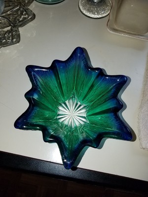 VINTAGE GREEN BLUE THICK HEAVY GLASS CANDY NUT DISH VERY PRETTY