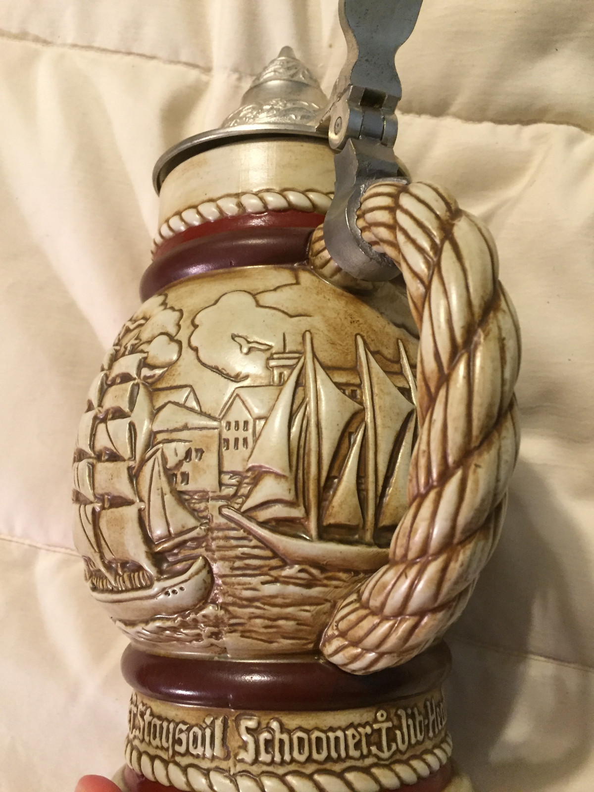 VINTAGE AVON CERAMARTE BRAZIL SAILBOAT SHIP BOAT PORT LIDDED STEIN MUG CUP