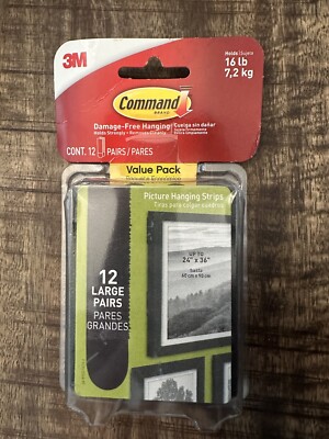 3M Command Picture Hanging Strips 12 Large Pairs Pack Set Black Holds 16 lbs NEW
