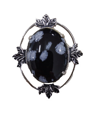 Brooch Snowflake obsidian cabochon set in silver tone pin