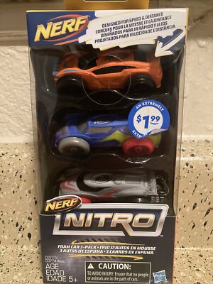 Nerf Nitro foam cars 3 pack NIP age 5+ BRAND NEW ORANGE BLUE GRAY/SILVER
