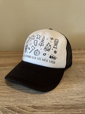 REI Co-Op Black/White Mesh Back Snapback Poly Trucker Cap Outdoor Life