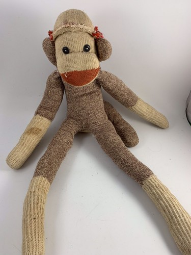 Vintage Brown & Off White Red Heel SOCK MONKEY With Hat & Button Eyes