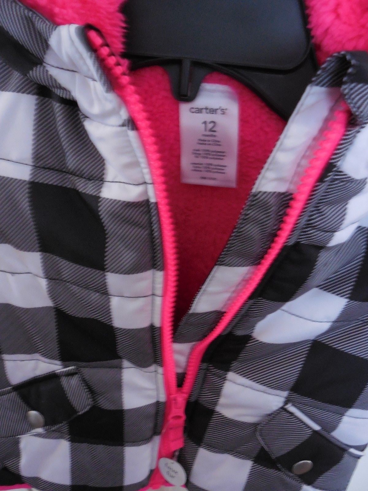 Carter's Winter Jacket,  Girls Size 12 Mos,  Black & White Check with Pink Hood