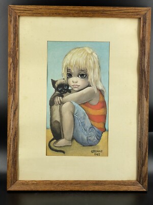 Vintage M. Keane Big Eyes  Little Ones''  Print w/ Wood Frame Cat