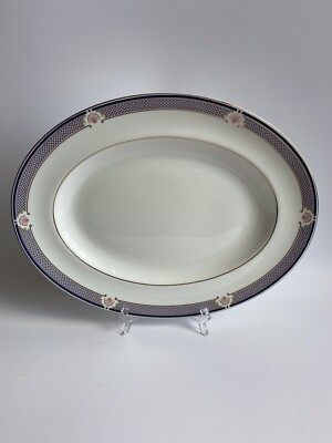Wedgwood Waverley Bone China Serving Oval Platter 14 L Blue Gold Rimmed ~MINT~
